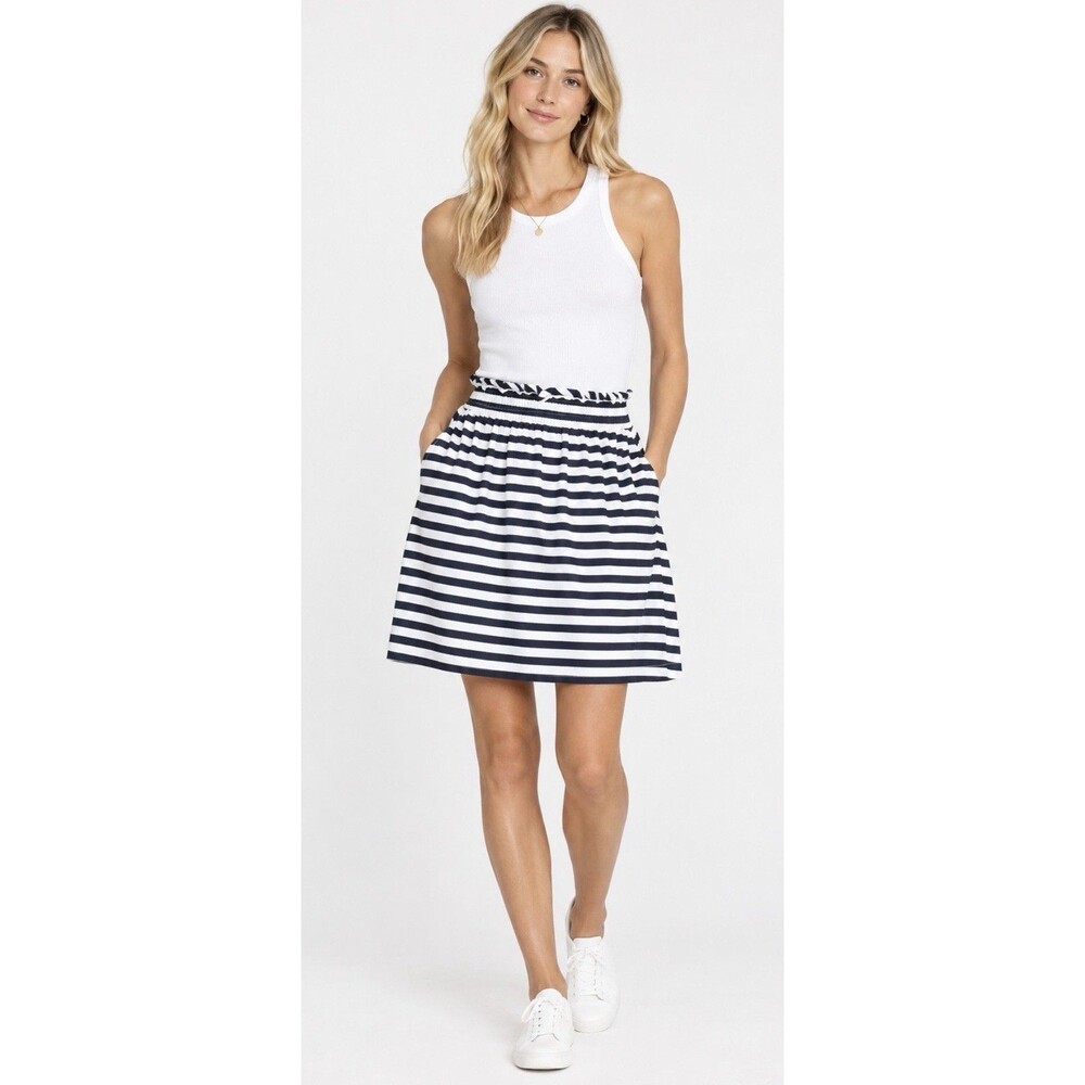 J Crew Printed Linen Cotton Sidewalk Mini Skirt Sz 16 Blue White Stripe Pockets